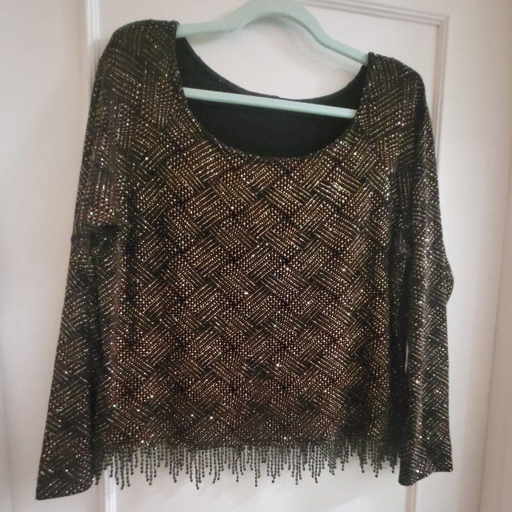 Vintage Conrad C Collection Beaded Fringe Top XL - Black, Red & Gold Geometric